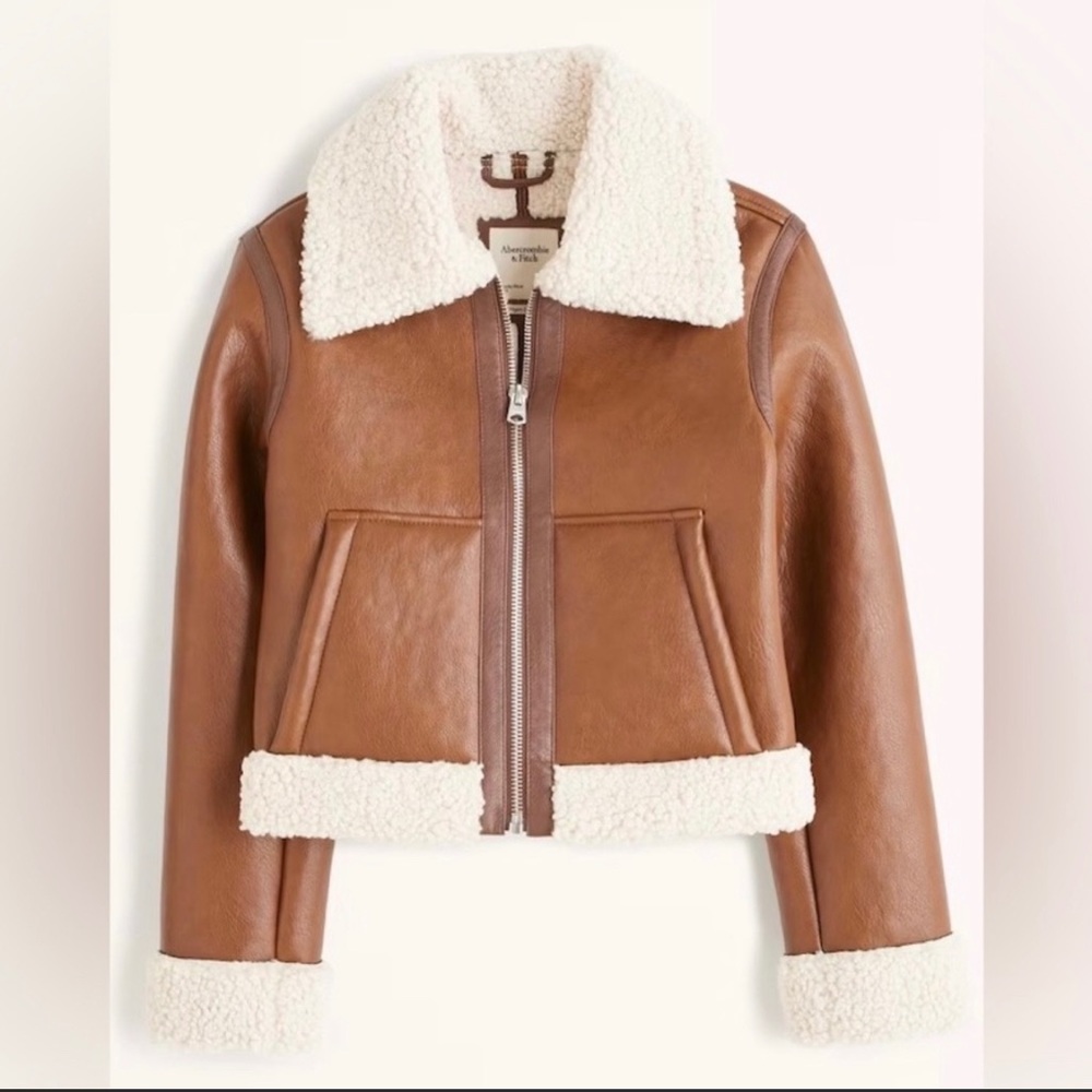 A&F Sherpa-Lined Vegan Leather Shearling Jacket in Brown XS